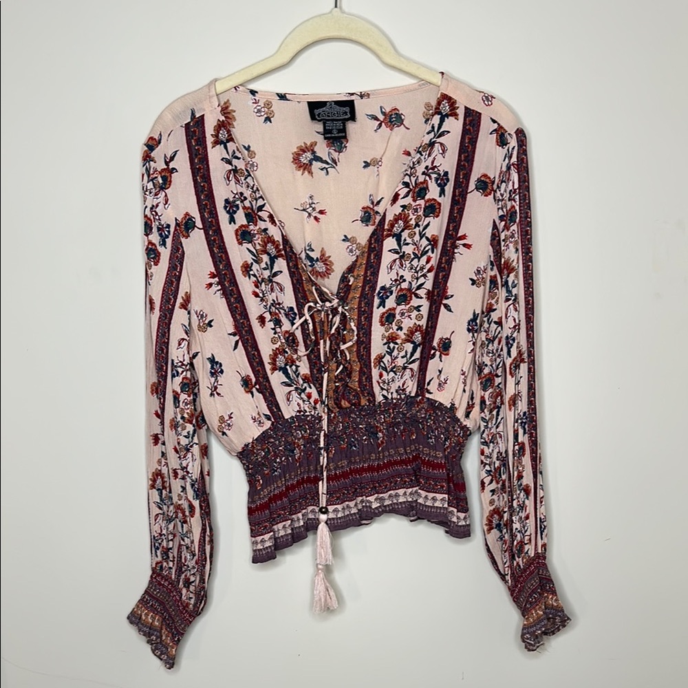 Angie Cream Red Long Sleeve Tie Front Blouse